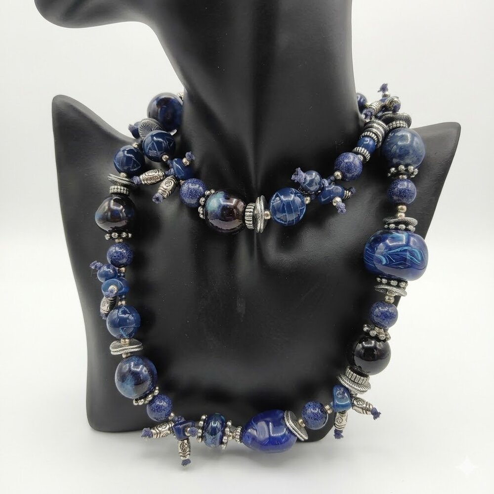 Treska Signed Blue & Silver Beaded Statement Necklace‎  36" - Picture 3 of 4